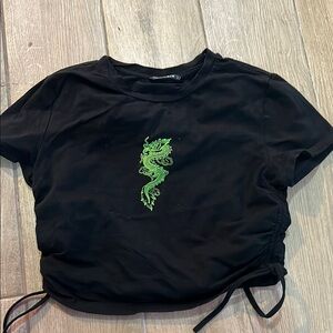 SHEIN Black Tee with Green Dragon Embroidery